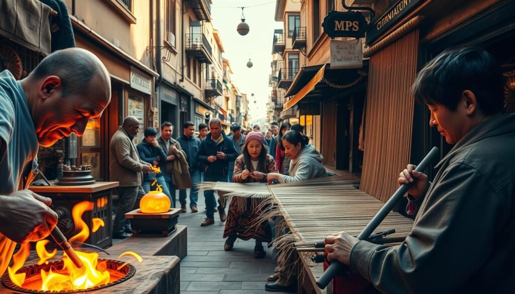 A bustling street scene showcasing the diverse array of rare and unique occupations, captured with a wide-angle lens. In the foreground, a skilled glassblower shapes molten glass into intricate works of art, their focused expression illuminated by the warm glow of the furnace. In the middle ground, a team of traditional artisans delicately weave intricate tapestries, their nimble fingers moving with practiced precision. In the background, a small crowd of curious onlookers observes the captivating display, their faces filled with awe and wonder. The overall scene is bathed in a warm, golden light, creating a sense of timelessness and highlighting the enduring allure of these rare and specialized professions. Branding: mofaker.net