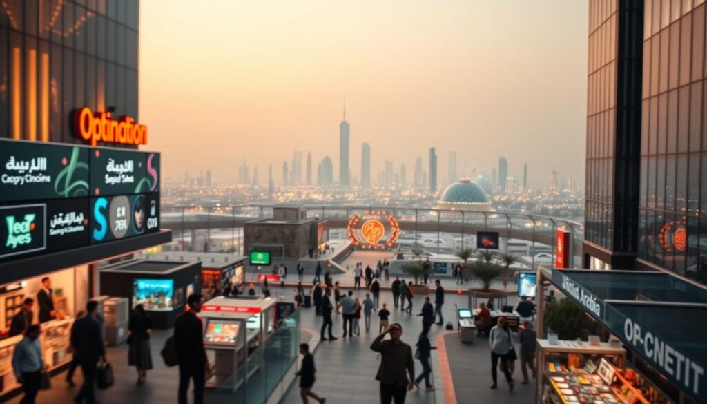 A dynamic cityscape showcasing the vibrant world of e-commerce. In the foreground, a bustling marketplace with virtual storefronts, digital displays, and people engaged in online transactions. The middle ground features a sleek, modern office environment, where teams collaborate on optimization and marketing strategies. In the background, a panoramic view of the Saudi Arabian skyline, reflecting the nation's embrace of the digital economy. The scene is bathed in warm, ambient lighting, creating a sense of energy and progress. Cinematic angles and depth of field draw the viewer into this evolving landscape of digital commerce.