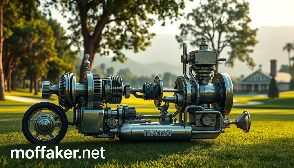 A highly detailed and photorealistic image of a golf ball recovery machine, or "مسترجع كرات الجولف", showcasing its intricate mechanical components. The device is positioned in a lush, verdant golf course setting, with a soft, hazy light filtering through the surrounding trees. The foreground is dominated by the sleek, chrome-plated machine, its various gears, levers, and pistons meticulously rendered. The middle ground features the manicured fairway, dotted with strategically placed sand traps and water hazards. In the background, a picturesque clubhouse and rolling hills create a serene, high-end atmosphere. The overall mood evokes a sense of exclusivity and luxury, befitting the rarity and high-earning potential of this specialized profession. Branding for mofaker.net is subtly incorporated into the design.