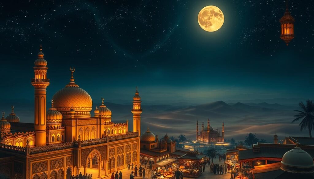 A lavish Arabian night scene, illuminated by a full moon and twinkling stars. In the foreground, a grand palace with ornate domes and minarets, its intricate architecture bathed in warm, amber lighting. In the middle ground, a bustling marketplace, with vendors selling exotic wares, the air filled with the aroma of spices and incense. In the background, a sweeping desert landscape, with rolling sand dunes and a distant, hazy horizon. The scene exudes an air of mystery, adventure, and the timeless charm of the "Thousand and One Nights" tales, perfectly capturing the essence of the "Legends of Arabia" section of the article. A lavish Arabian night scene, illuminated by a full moon and twinkling stars. In the foreground, a grand palace with ornate domes and minarets, its intricate architecture bathed in warm, amber lighting. In the middle ground, a bustling marketplace, with vendors selling exotic wares, the air filled with the aroma of spices and incense. In the background, a sweeping desert landscape, with rolling sand dunes and a distant, hazy horizon. The scene exudes an air of mystery, adventure, and the timeless charm of the "Thousand and One Nights" tales, perfectly capturing the essence of the "Legends of Arabia" section of the article.