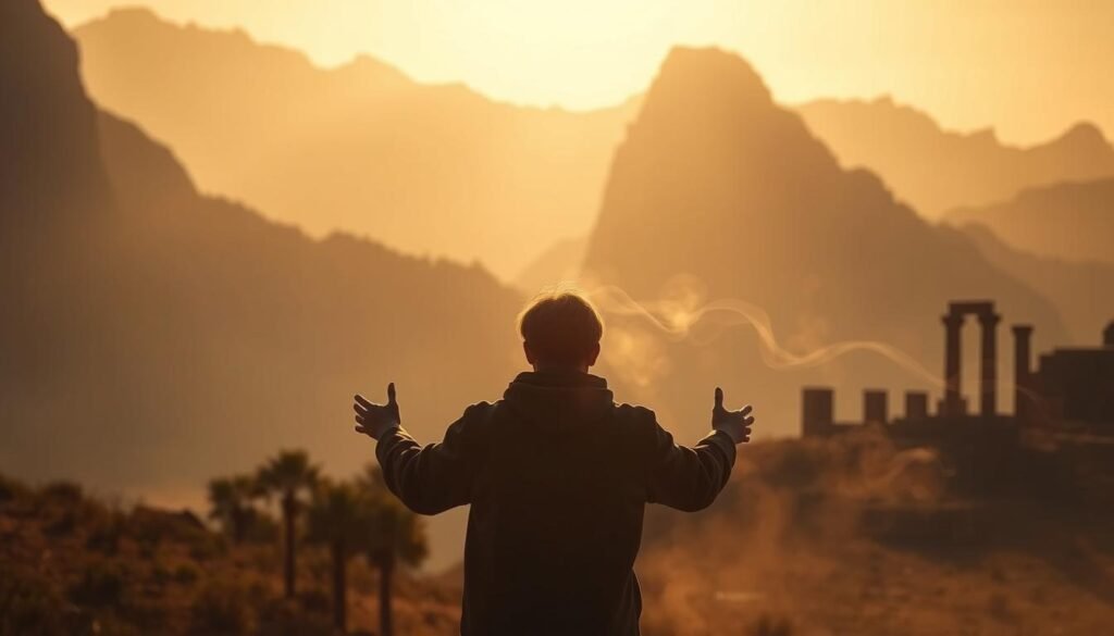 A majestic landscape fades into the distance, its towering mountains and ancient ruins standing as silent witnesses to the passage of time. In the foreground, a solitary figure emerges, their form hazy and indistinct, as if reaching out to grasp the memories that linger in the air. The scene is bathed in a warm, golden light, casting a serene and contemplative mood. Wisps of mist curl around the figure, evoking the ephemeral nature of recollection. The image conveys a sense of the indelible power of the human mind, where the past remains etched, even as the world around it changes. This is the essence of "ذاكرة" - a testament to the resilience of memory in the face of time's relentless march. A majestic landscape fades into the distance, its towering mountains and ancient ruins standing as silent witnesses to the passage of time. In the foreground, a solitary figure emerges, their form hazy and indistinct, as if reaching out to grasp the memories that linger in the air. The scene is bathed in a warm, golden light, casting a serene and contemplative mood. Wisps of mist curl around the figure, evoking the ephemeral nature of recollection. The image conveys a sense of the indelible power of the human mind, where the past remains etched, even as the world around it changes. This is the essence of "ذاكرة" - a testament to the resilience of memory in the face of time's relentless march.