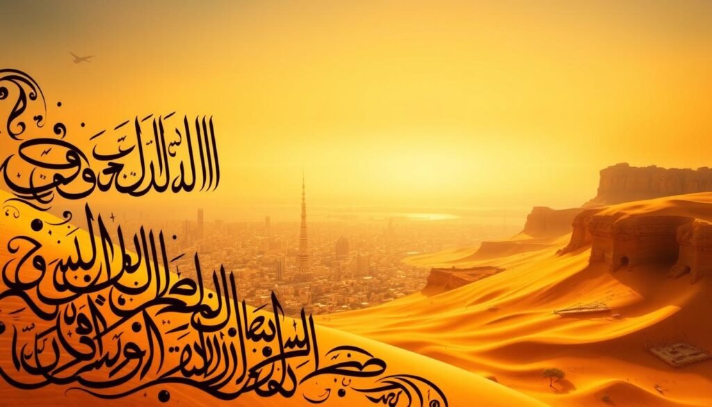 A majestic, panoramic view of the rich tapestry of the Arabic language, its origins, and its global influence. In the foreground, intricate Arabic calligraphy flows gracefully, capturing the essence of this ancient tongue. The middle ground features a vibrant cityscape, a testament to the language's enduring presence in the modern world. In the background, a grand, timeless desert landscape frames the scene, evoking the language's deep-rooted ties to the Arabian Peninsula. Warm, golden hues bathe the entire composition, creating a sense of timelessness and cultural heritage. The image conveys the expansive history, the widespread impact, and the continued global significance of the Arabic language. A majestic, panoramic view of the rich tapestry of the Arabic language, its origins, and its global influence. In the foreground, intricate Arabic calligraphy flows gracefully, capturing the essence of this ancient tongue. The middle ground features a vibrant cityscape, a testament to the language's enduring presence in the modern world. In the background, a grand, timeless desert landscape frames the scene, evoking the language's deep-rooted ties to the Arabian Peninsula. Warm, golden hues bathe the entire composition, creating a sense of timelessness and cultural heritage. The image conveys the expansive history, the widespread impact, and the continued global significance of the Arabic language.