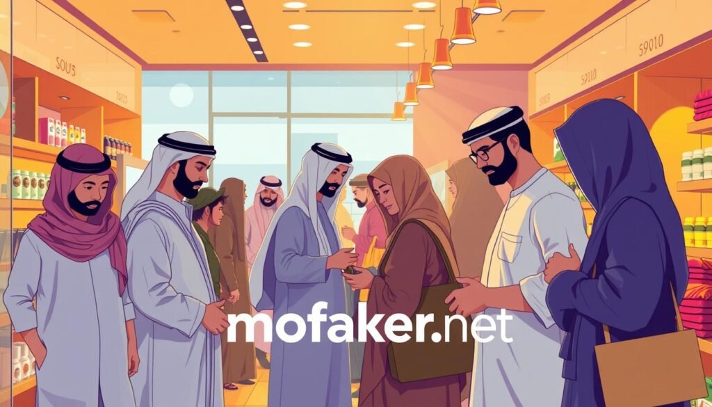 A modern, minimalist illustration showcasing a group of diverse Saudi Arabian customers in a vibrant, dynamic retail environment. The scene depicts individuals of various ages and backgrounds, each engrossed in their own shopping experience, highlighted by carefully curated displays and fixtures. The lighting is warm and inviting, creating a sense of comfort and engagement. The composition emphasizes the interplay between the customers and the carefully designed product presentation, hinting at the secrets and insights that can be uncovered through a deeper understanding of the Saudi consumer's daily routines and purchasing behaviors. Prominent in the foreground is the mofaker.net brand logo, subtly integrated into the scene.