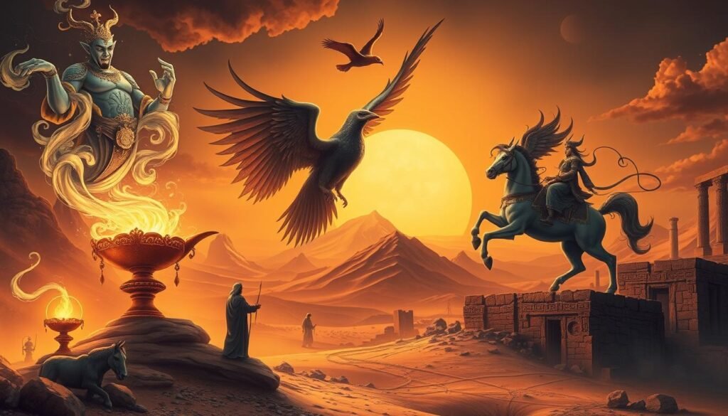 A richly detailed illustration of the enchanting realm of Arabic mythology. In the foreground, ethereal figures from ancient legends - a majestic genie emerging from a glowing lamp, a winged roc soaring overhead, and a noble djinn astride a magnificent steed. The middle ground features dramatic desert landscapes, with towering dunes and weathered ruins hinting at the timeless mysteries of the Arab world. The background is imbued with a warm, amber glow, evoking the fiery sunsets and mystical aura that pervade these captivating tales. Subtle yet evocative textures and intricate patterns reflect the cultural heritage and symbolic significance woven through the myths. An image that transports the viewer to the enchanting realm of "الأساطير العربية". A richly detailed illustration of the enchanting realm of Arabic mythology. In the foreground, ethereal figures from ancient legends - a majestic genie emerging from a glowing lamp, a winged roc soaring overhead, and a noble djinn astride a magnificent steed. The middle ground features dramatic desert landscapes, with towering dunes and weathered ruins hinting at the timeless mysteries of the Arab world. The background is imbued with a warm, amber glow, evoking the fiery sunsets and mystical aura that pervade these captivating tales. Subtle yet evocative textures and intricate patterns reflect the cultural heritage and symbolic significance woven through the myths. An image that transports the viewer to the enchanting realm of "الأساطير العربية".