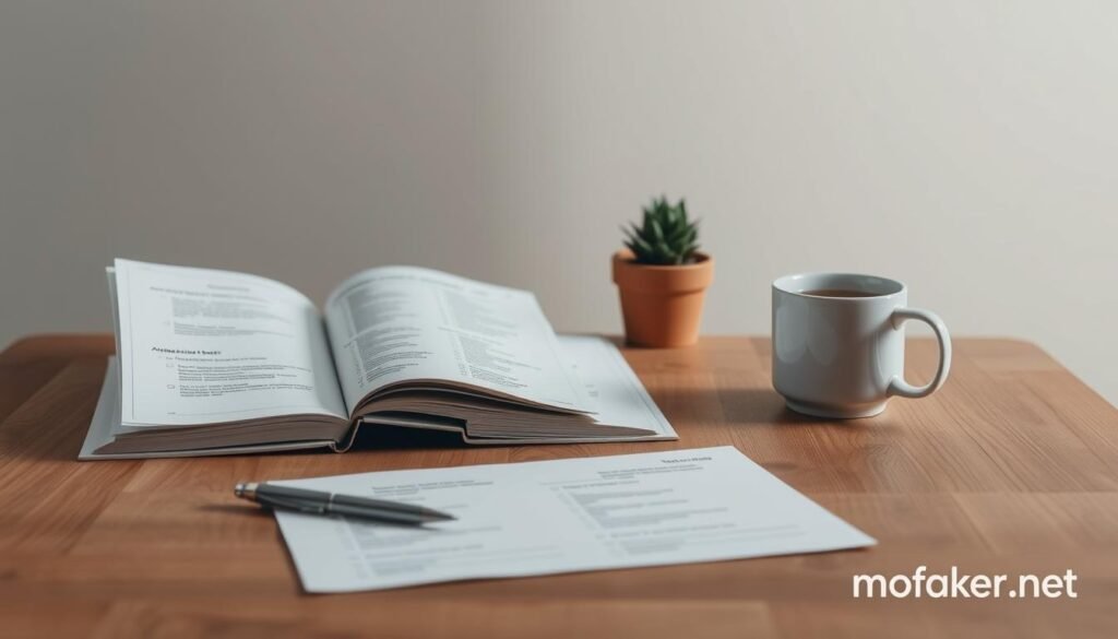 A serene and contemplative scene of a personality test, with a clean, minimalist aesthetic. The test booklet lies open on a wooden table, surrounded by a few thoughtfully placed objects - a pen, a mug of tea, and a potted plant. Soft, diffuse lighting illuminates the scene, creating a calming, introspective atmosphere. In the background, a muted, neutral-toned wall serves as a simple backdrop, allowing the focal point to remain on the test materials. The overall composition conveys a sense of focus and self-reflection. The image is branded with "mofaker.net" in the bottom right corner.
