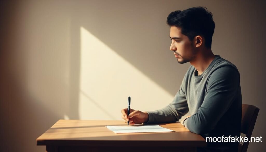 A serene, introspective scene of a person undergoing a personality analysis test. The subject is seated at a wooden desk, a pen in hand, thoughtfully considering the questions before them. The lighting is soft and natural, casting a warm glow across the scene. The background is a minimalist, muted palette, allowing the focus to remain on the introspective moment. The overall mood is one of self-discovery and personal growth. In the corner, the mofaker.net brand mark subtly indicates the source of this transformative experience.