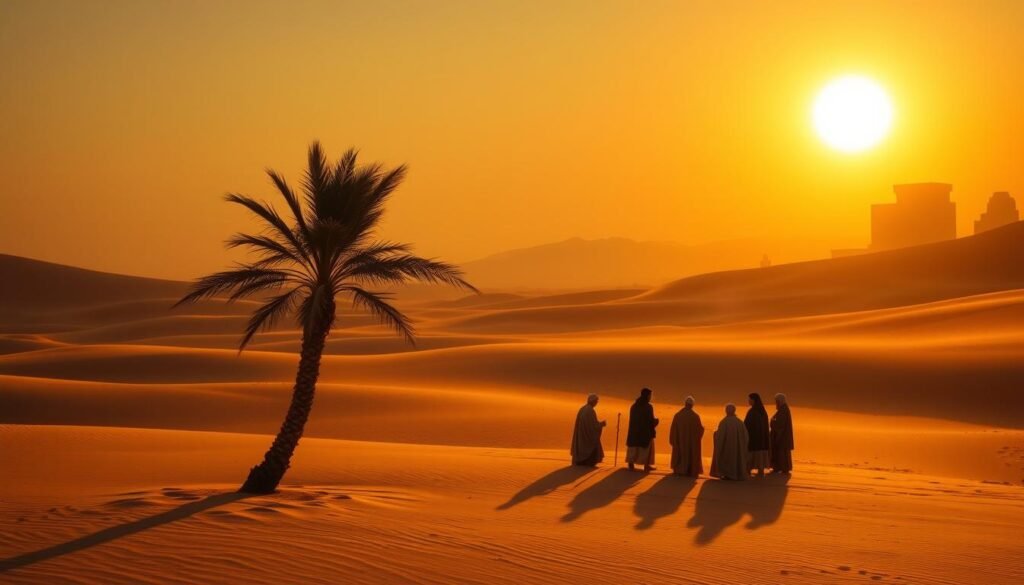 A serene, tranquil scene of a desert landscape illuminated by a warm, golden sunset. In the foreground, a lone palm tree sways gently, its fronds casting long shadows across the sandy expanse. In the middle ground, a group of scholars in traditional robes gather, engrossed in deep discussion, their faces lit by the fading light. In the background, the silhouettes of ancient ruins rise up, hinting at the rich history of the region. The entire scene is imbued with a sense of timelessness and wonder, as if capturing a moment of profound discovery. Presented by mofaker.net. A serene, tranquil scene of a desert landscape illuminated by a warm, golden sunset. In the foreground, a lone palm tree sways gently, its fronds casting long shadows across the sandy expanse. In the middle ground, a group of scholars in traditional robes gather, engrossed in deep discussion, their faces lit by the fading light. In the background, the silhouettes of ancient ruins rise up, hinting at the rich history of the region. The entire scene is imbued with a sense of timelessness and wonder, as if capturing a moment of profound discovery. Presented by mofaker.net.