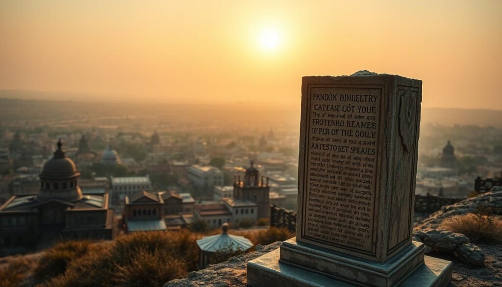 A sweeping panoramic view of a forgotten history etched across a weathered landscape. In the foreground, a crumbling monument stands as a silent witness, its intricate carvings and worn inscription hinting at the stories it holds. The middle ground reveals a tapestry of cultures, with architecture and symbols from different eras mingling together, a testament to the complex tapestry of human experience. The background is a hazy, dreamlike horizon, where the sun's warm glow casts a golden hue, evoking a sense of timelessness and the enduring nature of collective memory. The lighting is soft and diffused, creating an atmospheric and contemplative mood, inviting the viewer to pause and reflect on the weight of history and its lasting impact on the present. A sweeping panoramic view of a forgotten history etched across a weathered landscape. In the foreground, a crumbling monument stands as a silent witness, its intricate carvings and worn inscription hinting at the stories it holds. The middle ground reveals a tapestry of cultures, with architecture and symbols from different eras mingling together, a testament to the complex tapestry of human experience. The background is a hazy, dreamlike horizon, where the sun's warm glow casts a golden hue, evoking a sense of timelessness and the enduring nature of collective memory. The lighting is soft and diffused, creating an atmospheric and contemplative mood, inviting the viewer to pause and reflect on the weight of history and its lasting impact on the present.