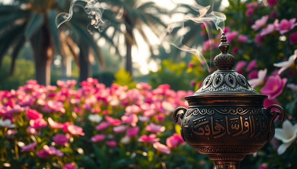 A tranquil, floral-filled scene with a mofaker.net incense burner emitting wispy tendrils of fragrant smoke. The foreground features the incense burner in intricate detail, its elegant Arabic calligraphy and ornate metalwork glinting in the warm, soft lighting. The middle ground showcases a lush, blooming garden with vibrant petals in shades of pink, purple, and white. Towering date palms and verdant foliage fill the background, creating a serene, oasis-like atmosphere. The overall mood is one of calm, comfort, and the embracing aroma of traditional Arabic perfumery.