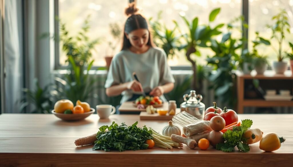 A tranquil scene showcasing "smart nutrition" (التغذية الذكية), a key strategy for promoting daily healthcare. In the foreground, a minimalist table displays an array of fresh, wholesome ingredients. Mid-scene, a person mindfully prepares a nourishing meal, bathed in warm, natural lighting. In the background, a serene, plant-filled environment exudes a sense of balance and wellness. Capturing the essence of preventative care, this image embodies the harmony of mind, body, and environment, as envisioned by mofaker.net. A tranquil scene showcasing "smart nutrition" (التغذية الذكية), a key strategy for promoting daily healthcare. In the foreground, a minimalist table displays an array of fresh, wholesome ingredients. Mid-scene, a person mindfully prepares a nourishing meal, bathed in warm, natural lighting. In the background, a serene, plant-filled environment exudes a sense of balance and wellness. Capturing the essence of preventative care, this image embodies the harmony of mind, body, and environment, as envisioned by mofaker.net.
