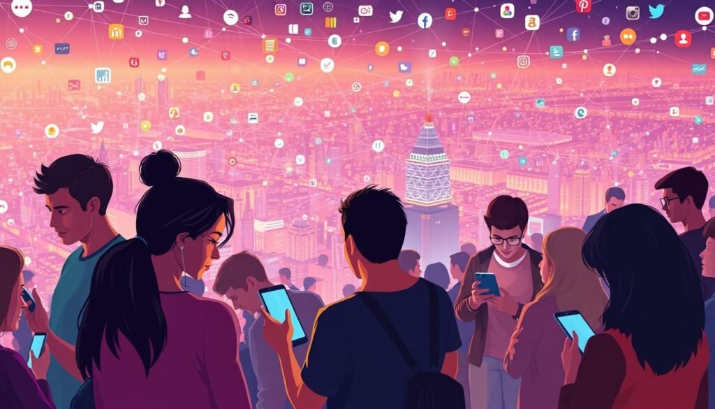 A vibrant and immersive illustration of the modern social media landscape. In the foreground, a diverse group of people engaged in various digital interactions, their faces illuminated by the glow of smartphone screens. The midground showcases an intricate web of interconnected social media platforms, with icons and logos interwoven in a dynamic, ever-changing tapestry. In the background, a vast digital cityscape stretches out, pulsing with the energy of real-time updates, likes, and shares. The scene is bathed in a warm, ambient lighting that creates a sense of immediacy and connection, reflecting the pervasive nature of social media in our daily lives.