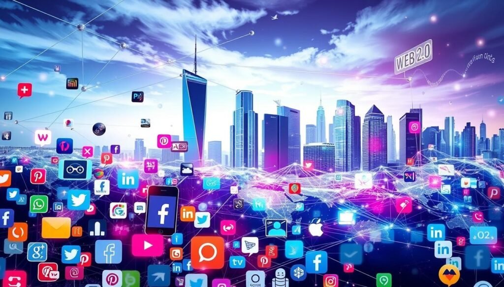 A vibrant, digital landscape depicting the diverse world of social media. In the foreground, a dynamic array of modern communication symbols and icons - smartphone screens, social media logos, and interactive interface elements. The middle ground showcases a visually striking network of interconnected nodes, representing the global connectivity and real-time interactions enabled by these platforms. In the background, a sleek, futuristic cityscape with towering skyscrapers and luminescent displays evokes the technological advancements that have shaped the web 2.0 era. The overall composition conveys a sense of innovation, engagement, and the seamless integration of social media into our daily lives.