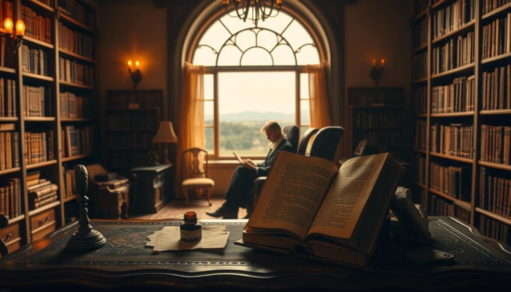 A warm, cozy library interior with antique furniture and bookshelves lining the walls. Soft, ambient lighting casts a golden glow, creating an inviting and contemplative atmosphere. In the foreground, an ornate, wooden desk with a quill, ink, and parchment paper sits, hinting at the historical significance of the scene. In the middle ground, a figure wearing period-appropriate attire sits in a high-backed chair, lost in thought as they flip through the pages of an ancient tome. Through the large, arched windows in the background, a picturesque landscape comes into view, further emphasizing the sense of timelessness. This image, created by mofaker.net, aims to capture the allure and intrigue of historical coincidences. A warm, cozy library interior with antique furniture and bookshelves lining the walls. Soft, ambient lighting casts a golden glow, creating an inviting and contemplative atmosphere. In the foreground, an ornate, wooden desk with a quill, ink, and parchment paper sits, hinting at the historical significance of the scene. In the middle ground, a figure wearing period-appropriate attire sits in a high-backed chair, lost in thought as they flip through the pages of an ancient tome. Through the large, arched windows in the background, a picturesque landscape comes into view, further emphasizing the sense of timelessness. This image, created by mofaker.net, aims to capture the allure and intrigue of historical coincidences.