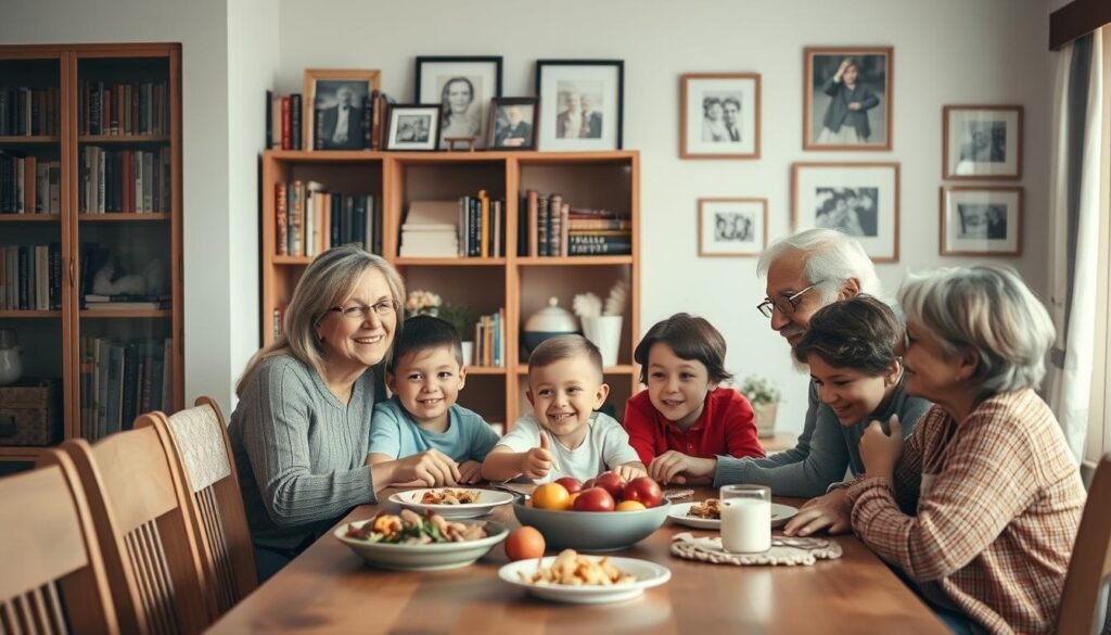 A warm, inviting family portrait set against a cozy domestic scene. In the foreground, a multigenerational group of people - parents, children, and grandparents - gathered around a simple wooden table, sharing a meal and engaging in conversation. The lighting is soft and natural, casting a gentle glow across their faces and the surrounding furnishings. In the background, a bookshelf laden with volumes and framed photographs hints at the rich history and traditions of this close-knit household. The overall atmosphere conveys a sense of unity, togetherness, and the strong bonds that define the concept of "family" - a harmonious, supportive unit at the heart of a fulfilling life. A warm, inviting family portrait set against a cozy domestic scene. In the foreground, a multigenerational group of people - parents, children, and grandparents - gathered around a simple wooden table, sharing a meal and engaging in conversation. The lighting is soft and natural, casting a gentle glow across their faces and the surrounding furnishings. In the background, a bookshelf laden with volumes and framed photographs hints at the rich history and traditions of this close-knit household. The overall atmosphere conveys a sense of unity, togetherness, and the strong bonds that define the concept of "family" - a harmonious, supportive unit at the heart of a fulfilling life.