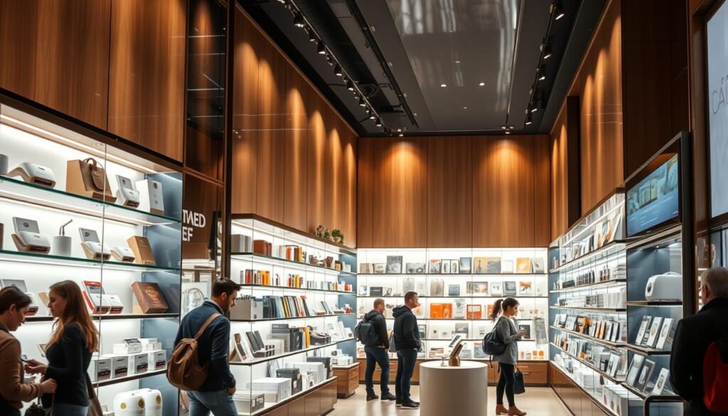 An elaborate storefront display featuring an array of high-quality products for online sale. The scene is bathed in warm, inviting lighting, with carefully arranged merchandise showcased on sleek, modern shelves. Customers browse the selection, examining the diverse offerings with interest. The overall atmosphere conveys a sense of professionalism, reliability, and the potential for lucrative online business opportunities. Subtle shadows and reflections add depth and dimensionality to the composition, creating a visually compelling and aspirational representation of successful online product sales.